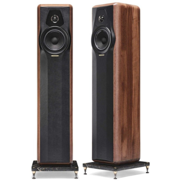 Sonus Faber Maxima Amator - Enceintes Colonnes avec socle en marbre noir - Noyer massif - Cuir